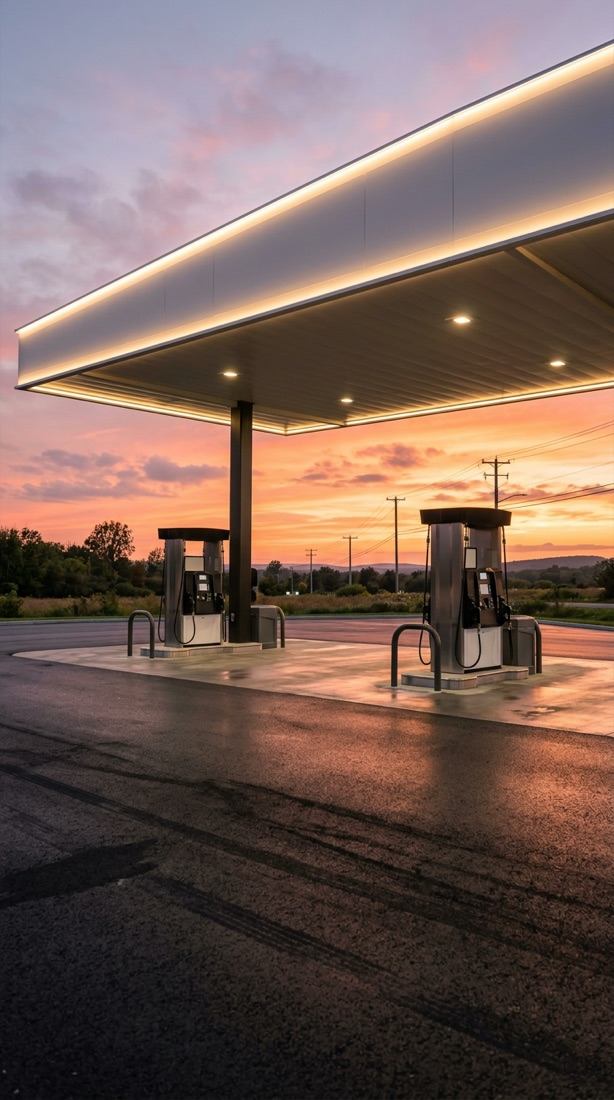 Gas station forecourt with fuel pumps under a glowing canopy at golden-hour sunset