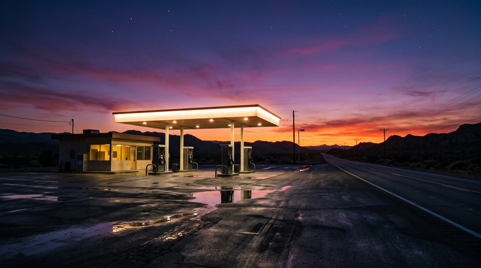Desert gas station with a lit canopy at dusk under a purple and orange sunset sky